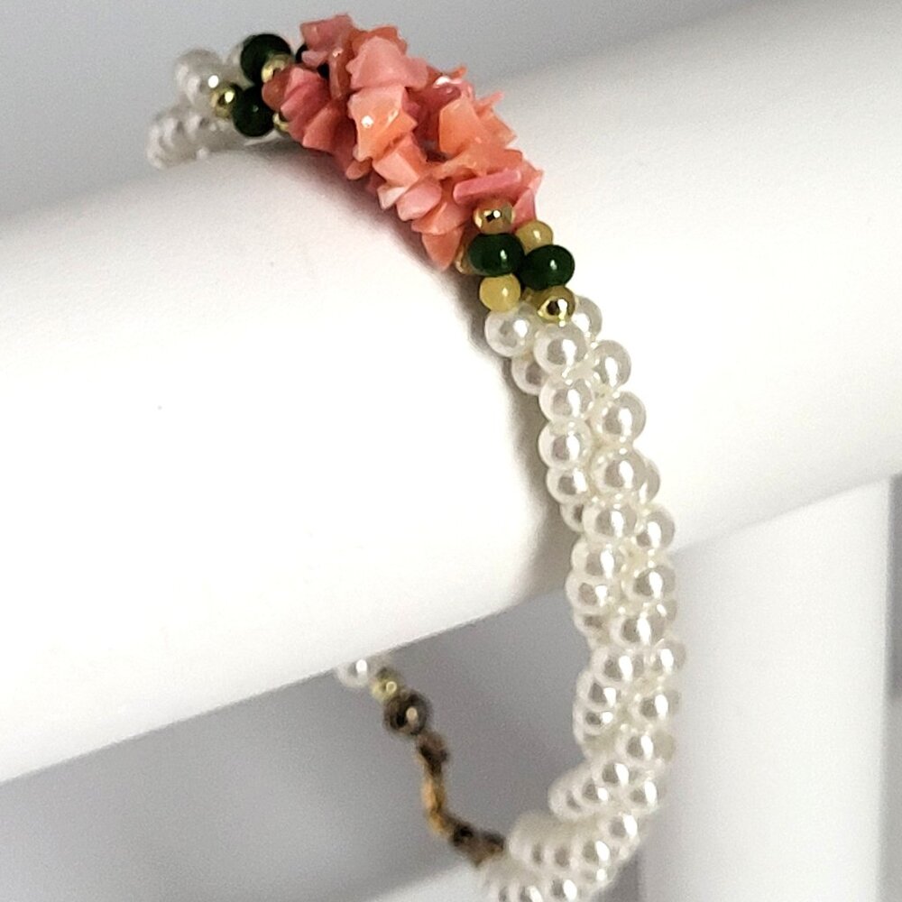 Vintage Faux pearl Coral & Jade 1970's Bracelet Cluster 8"